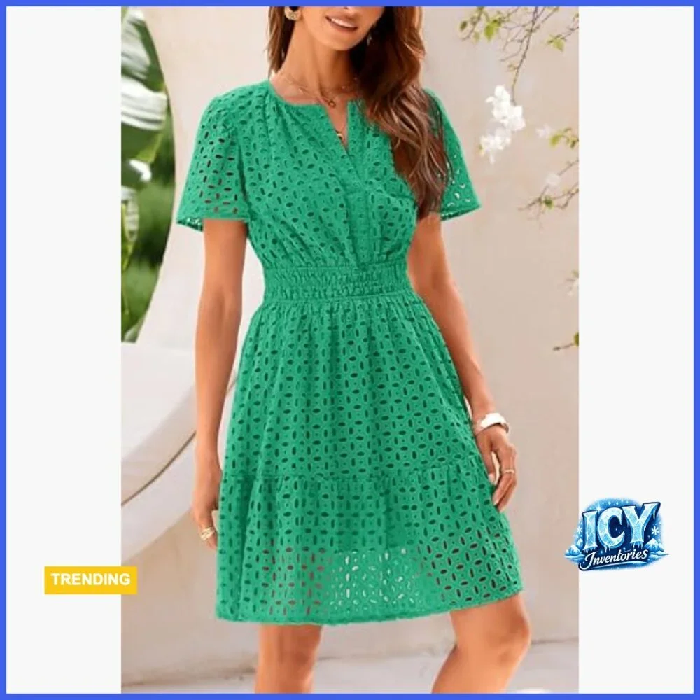Cotton Hollow Out Lace V-Neck A-Line Mini Dress